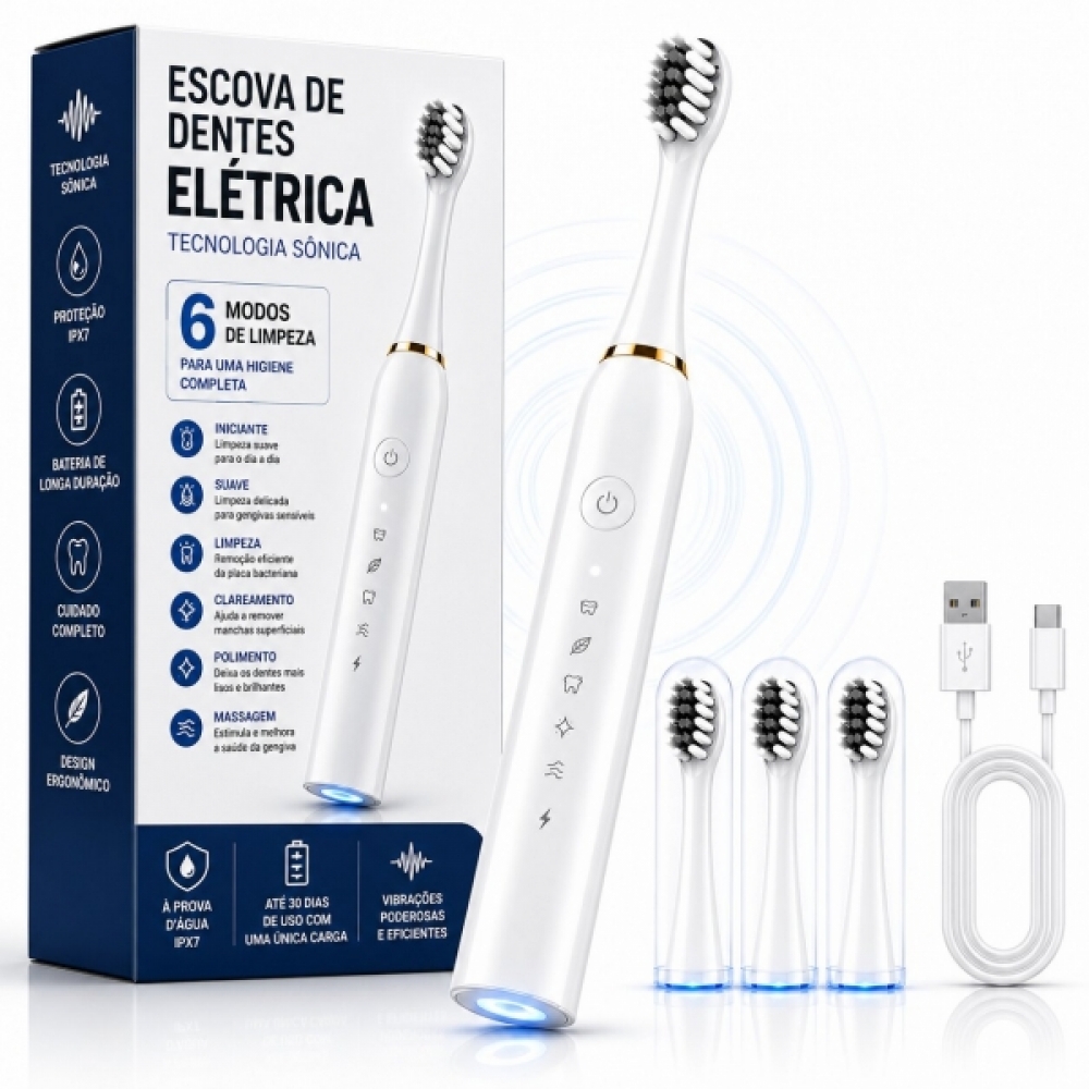 Escova Elétrica Sônica Recarregável USB IPX7 6 Modos + 4 Refis - Branco