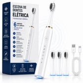 Escova Elétrica Sônica Recarregável USB IPX7 6 Modos + 4 Refis - Branco