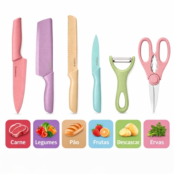 Kit Facas Cozinha 6 Peças Com Afiador Descascador Tesoura