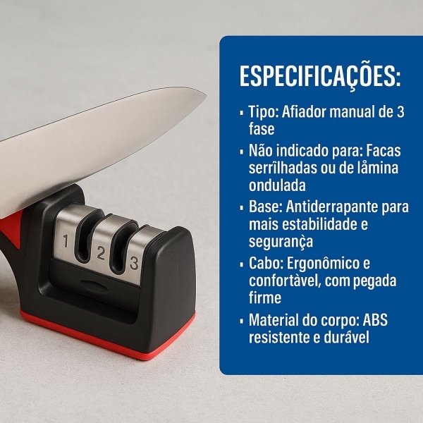 Afiador amolador facas e laminas 3 em 1 profissional