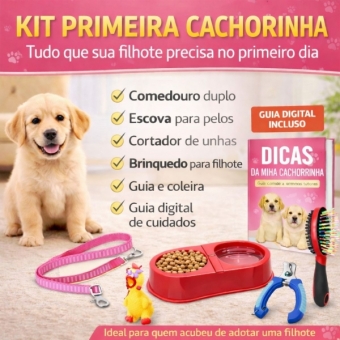 Kit Primeiro Cachorro Acessórios Filhote Comedouro Guia