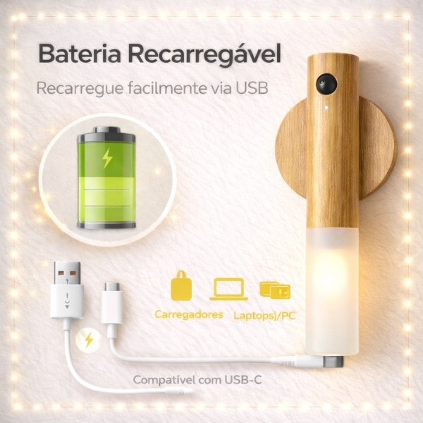 Kit Luminárias Arandela LED USB Recarregável Sensor Presença