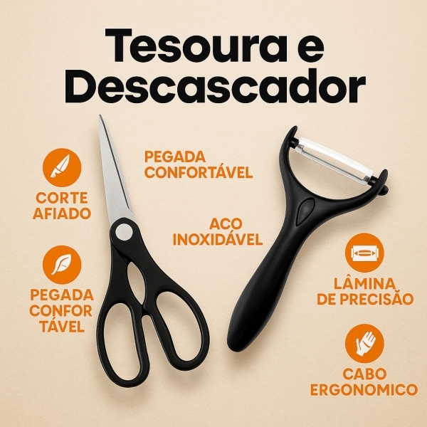 Kit Facas Profissional Inox com Afiador Tesoura Descascador
