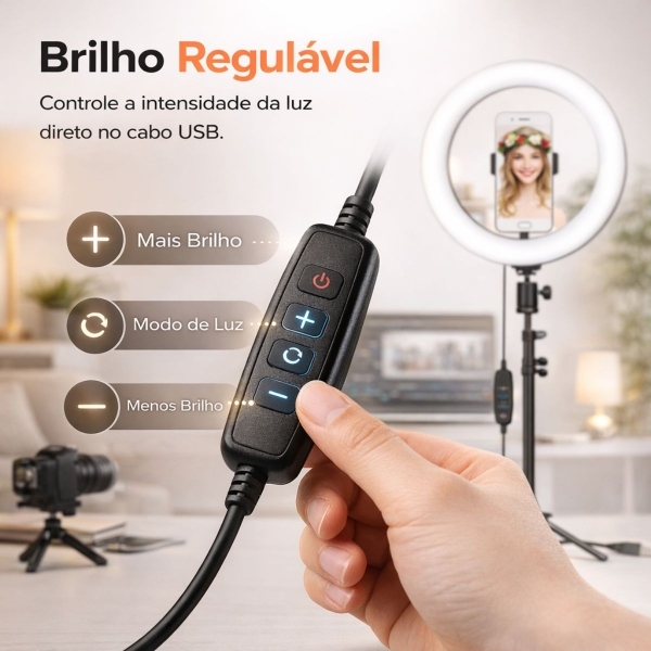 Ring Light LED 26cm com Tripé 2,10m USB Bivolt 360° Celular