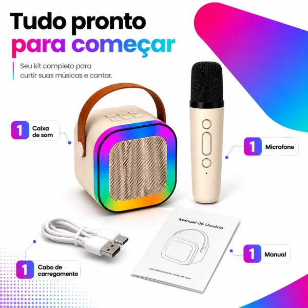 Caixa de Som Bluetooth 20W RGB com Microfone Sem Fio Karaokê Portátil USB TF AUX
