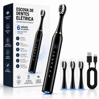 Escova Elétrica Sônica Recarregável USB IPX7 6 Modos + 4 Refis