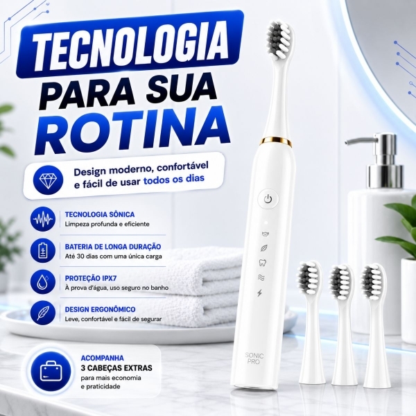 Escova Elétrica Sônica Recarregável USB IPX7 6 Modos + 4 Refis - Branco