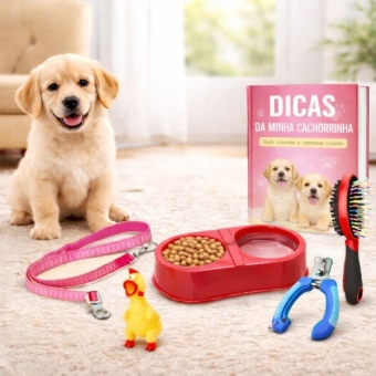 Kit Primeiro Cachorro Acessórios Filhote Comedouro Guia