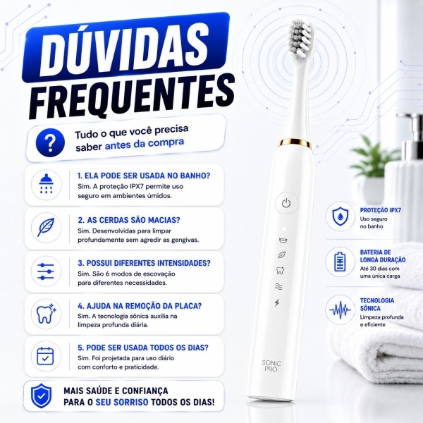 Escova Elétrica Sônica Recarregável USB IPX7 6 Modos + 4 Refis - Branco