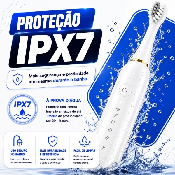 Escova Elétrica Sônica Recarregável USB IPX7 6 Modos + 4 Refis - Branco